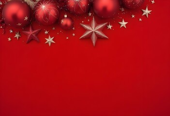 Red Christmas ornaments and stars on a red background.