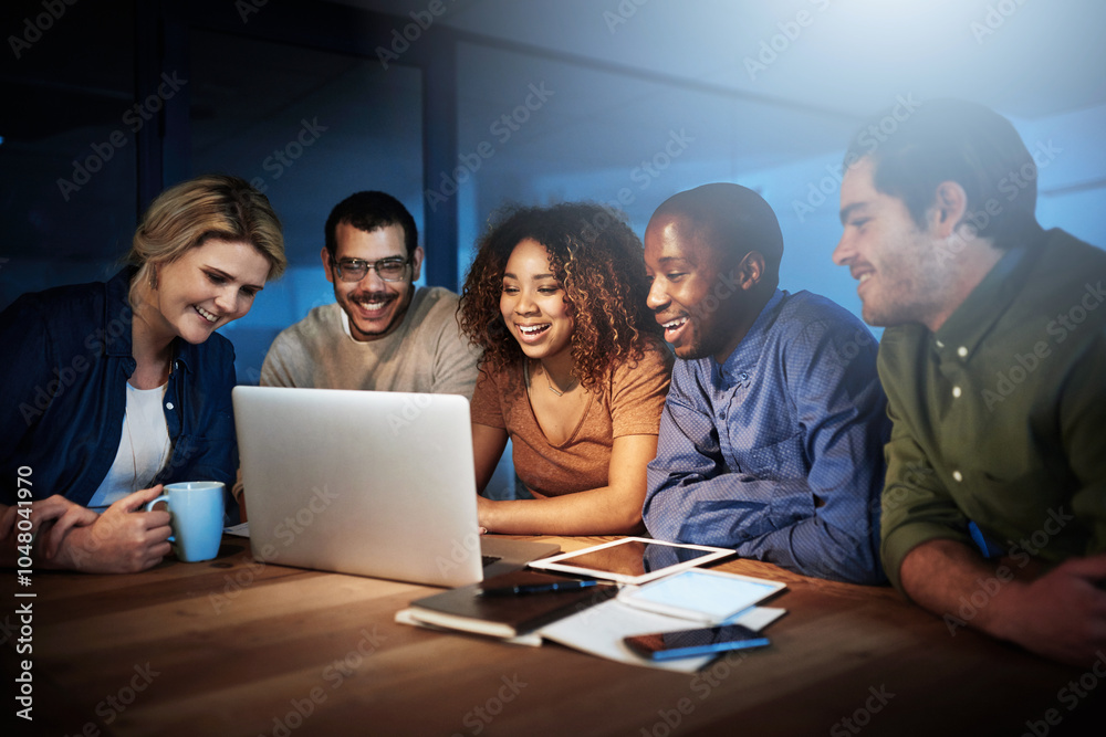 Poster office, smile and business people with meeting by laptop for server, testing and launch solution. pr