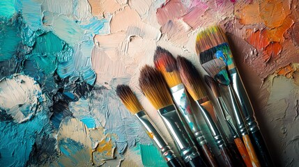 Obraz premium Artistic paintbrushes arranged on a colorful palette, showcasing creativity and passion for painting.