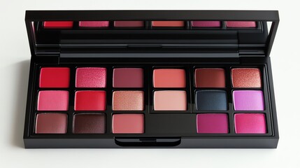 Beauty makeup palette with various shades of lipstick on a white isolated background.