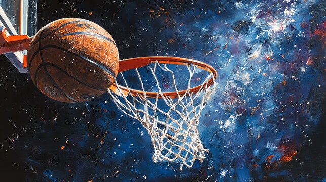 Basketball flying towards the hoop against a cosmic background.