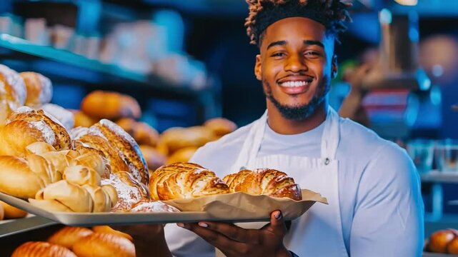 Smiling baker presenting freshly baked bread in a vibrant bakery setting
