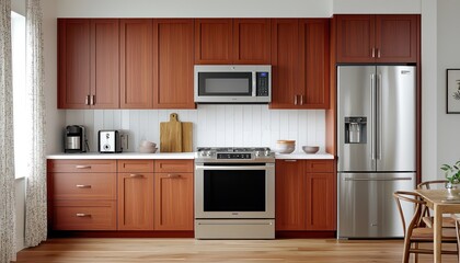 Compact kitchen setup with mahogany cabinets, stainless appliances, and a small dining area.