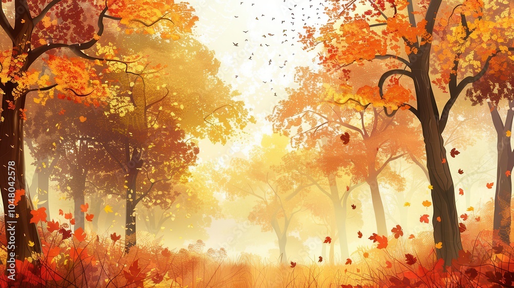 Aufkleber colorful trees line the path in a serene forest, as bright autumn leaves fall softly to the ground i
