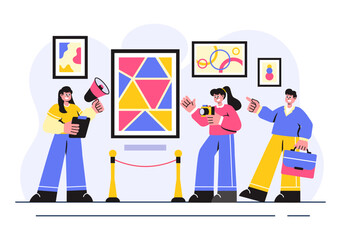 Photo Gallery Vector Illustration featuring Museum Visitors Viewing an Exhibition of Modern Abstract Paintings and Pictures in a Contemporary Design