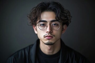 Obraz premium 若い男性が黒い背景の前で真剣な表情を浮かべているポートレート