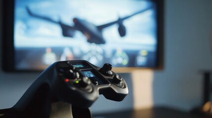 Close-up of a gaming controller in front of a TV displaying an aerial view of a drone flying.