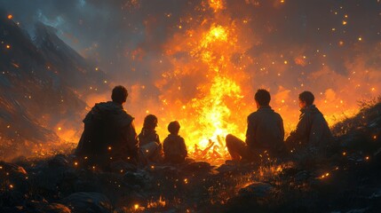 Fototapeta premium A group of people are sitting around a fire in a field. Generative AI