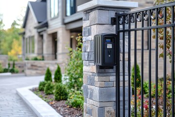 Detailed security elements of a home including modern digital call box and gate lock.