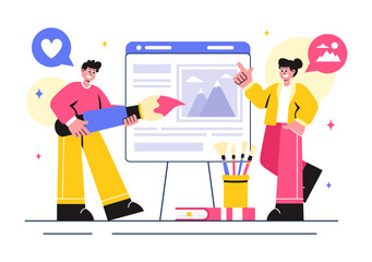 Photo Gallery Vector Illustration featuring Museum Visitors Viewing an Exhibition of Modern Abstract Paintings and Pictures in a Contemporary Design