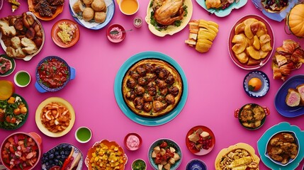 Festive Thanksgiving Dinner Table Setting with Turkey  Side Dishes and Desserts