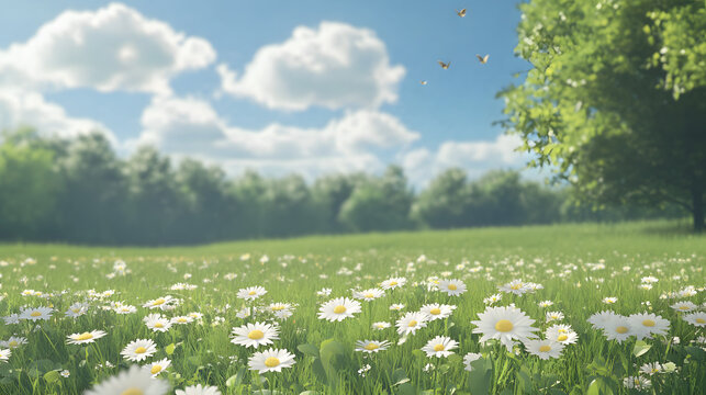 Fototapeta bright serene meadow sunny day wildflowers green grass white daisies butterflies forest clear blue sky white clouds peaceful spring summer lively field calm nature beauty environment garden