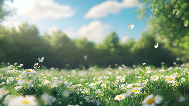 Fototapeta bright serene meadow sunny day wildflowers green grass white daisies butterflies forest clear blue sky white clouds peaceful spring summer lively field calm nature beauty environment garden