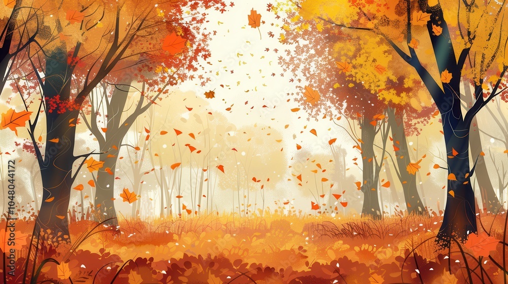 Poster the forest showcases stunning golden trees adorned with brilliant fall leaves, creating a serene atm