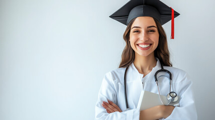 A smiling graduate in a white coat and cap, holding a notebook and stethoscope.