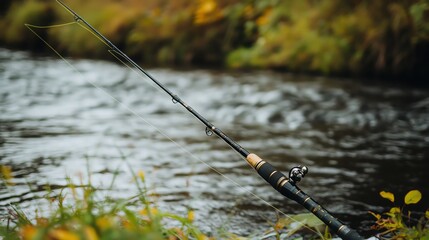 Fishing rod resting beside a flowing river, surrounded by lush greenery, capturing the essence of outdoor relaxation.