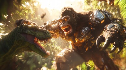 A full-bodied mechanical King Kong with a ferocious, emotion-filled head, bares his sharp teeth as he battles a towering Dinosaur.