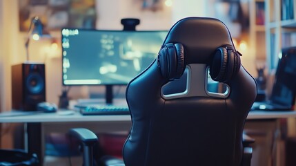 Gaming chair with headphones, setup for immersive gaming experience in cozy environment.