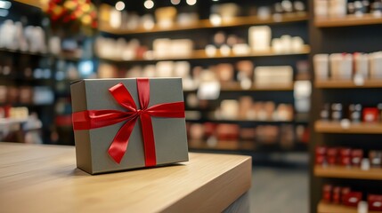 Gift box with red ribbon on wooden table, blurred background of a cozy gift shop.
