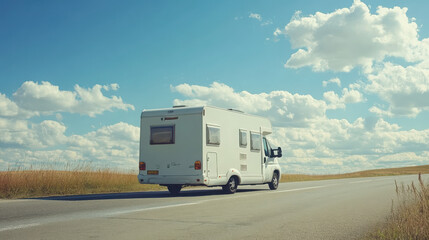 A camper van driving on an open road under a blue sky with fluffy clouds.