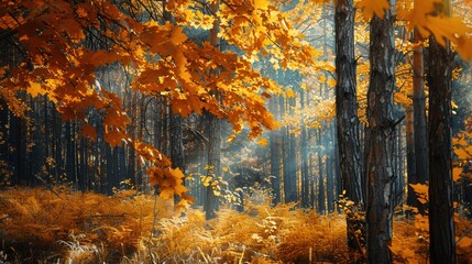 A tranquil forest is filled with trees draped in bright orange and yellow leaves, capturing the essence of autumn's beauty. Generative AI
