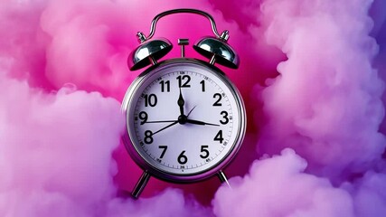 Vintage alarm clock surrounded by vibrant pink and purple clouds - Powered by Adobe