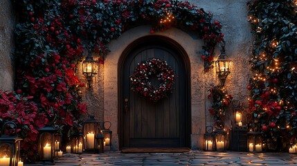 Festive Front Door Adorned with Wreath and Lights