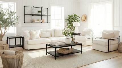 Stylish Modern Farmhouse Living Room Showcasing Bright and Airy Ambiance with White Walls, Elegant Furniture, and Coastal Elements for a Cozy and Serene Atmosphere