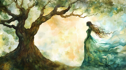 Ethereal dryad figure merging with an ancient gnarled tree in a serene mystical forest glade watercolor style digital with a dreamy whimsical and conceptual feel. Forest Dryad. Illustration