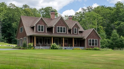 Sunny winter day in North America with a snow-covered front yard at a family residence.