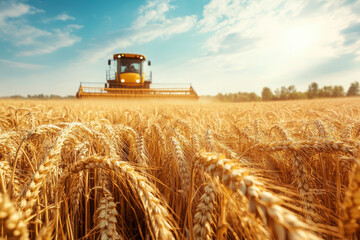 Fototapeta premium A combine harvester operates in a golden wheat field under a bright sky.