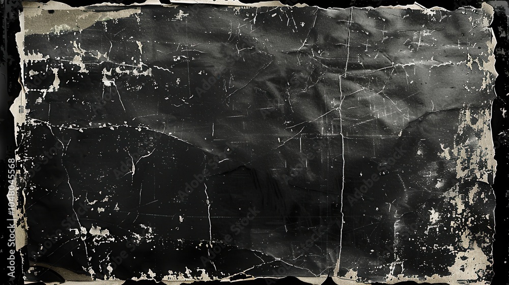 Aufkleber an aged, empty black cardboard card displaying significant wear and damage, emphasizing its historic