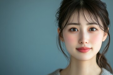 Fototapeta premium 青い背景を背にした女性が微笑みを浮かべる様子、明るい表情でカメラを見つめる