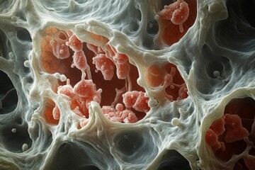 3D Close-up electron microscopy cells of liver. Scientific depth of field.