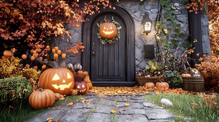 Obraz premium Spooky Halloween Doorway with Pumpkin Decorations