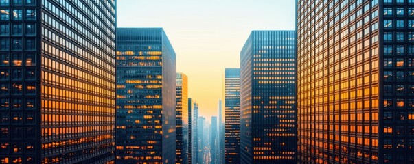 Obraz premium Radiant reflection of sunlight off skyscrapers, casting golden light onto the streets below, urban and energetic