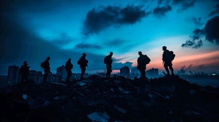 Fototapeta premium Silhouetted Soldiers on Rubble Amidst a PostWar Cityscape