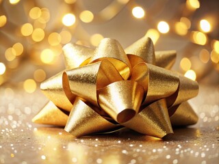 Golden Gift Bow Glowing on White Background for Festive Celebrations - Low Light Photography with Sparkling Effects and Holiday Vibes