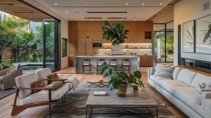Modern living room with a view of a patio and lush greenery