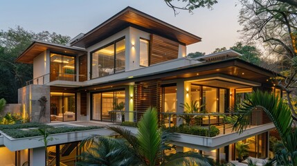Fototapeta premium Modern Luxury Home with Green Roof and Lush Tropical Landscaping