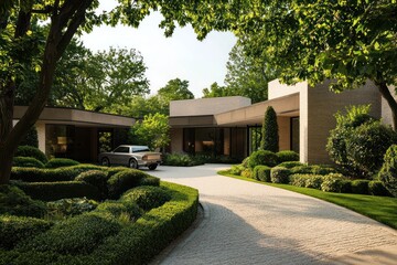 Obraz premium Elegantly designed modern home with gardens and parked car.