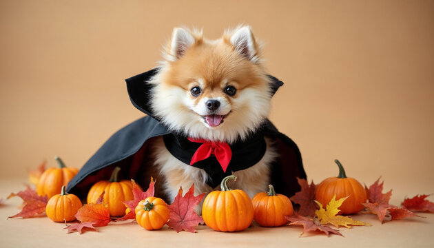 Pomeranian dog with fluffy fur dressed in a classic Dracula outfit, posing with a group of small toy pumpkins and vibrant autumn leaves of various colors on a beige background