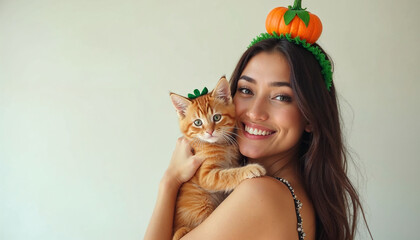 Young woman holding her cute small orange kitten over a bright white background