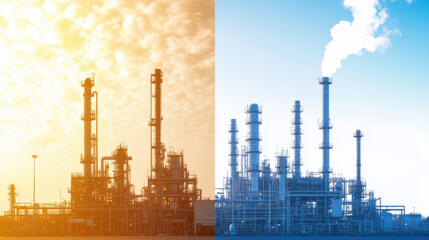 Obraz premium Industrial oil refinery with contrasting colors and smoke emissions.