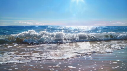 Obraz premium A glistening wave breaking on a sandy beach under a blue sky.