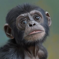 A curious baby chimpanzee gazes thoughtfully against a soft, colorful backdrop