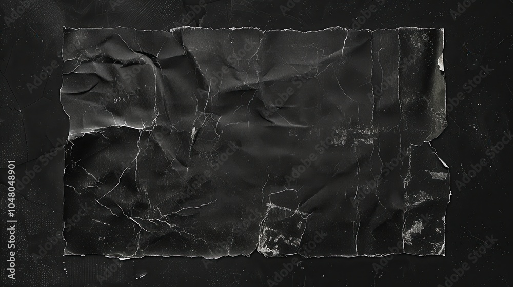 Poster aged, empty, black cardboard with folds and tears showcases its worn texture, isolated on a solid bl