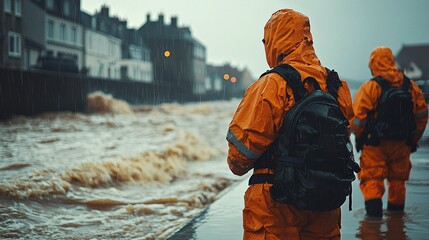 Emergency response personnel preparing flood barriers in a coastal town high detail ultra HD clean color grading