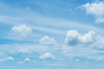 Clear blue sky texture and white fluffy cloud nature background. The sun shines bright in the daytime in summer.