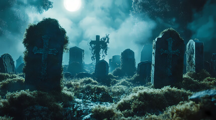 Haunting graveyard scene with mossy tombstones and ghostly apparitions in moonlit fog. Ghostly Apparition. Illustration